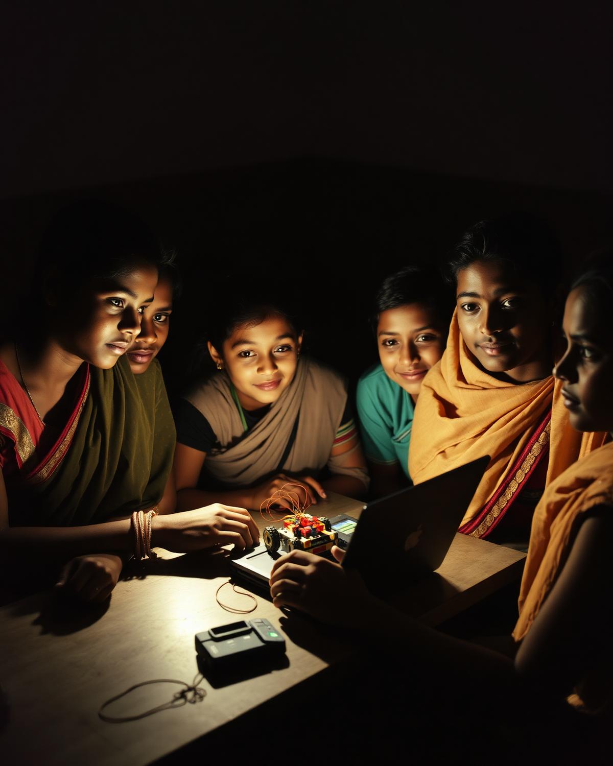 Students gathered around a laptop and a small robotics kit in a classroom lab