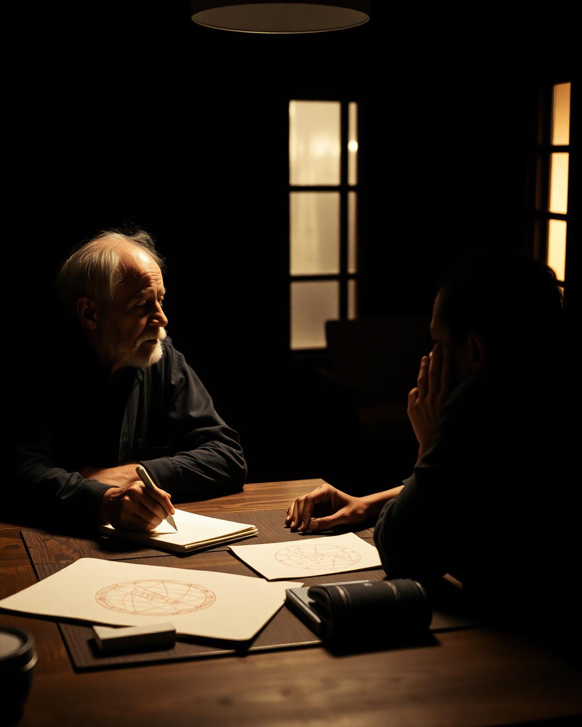 A mentor and a young founder in conversation over sketches at a wooden table