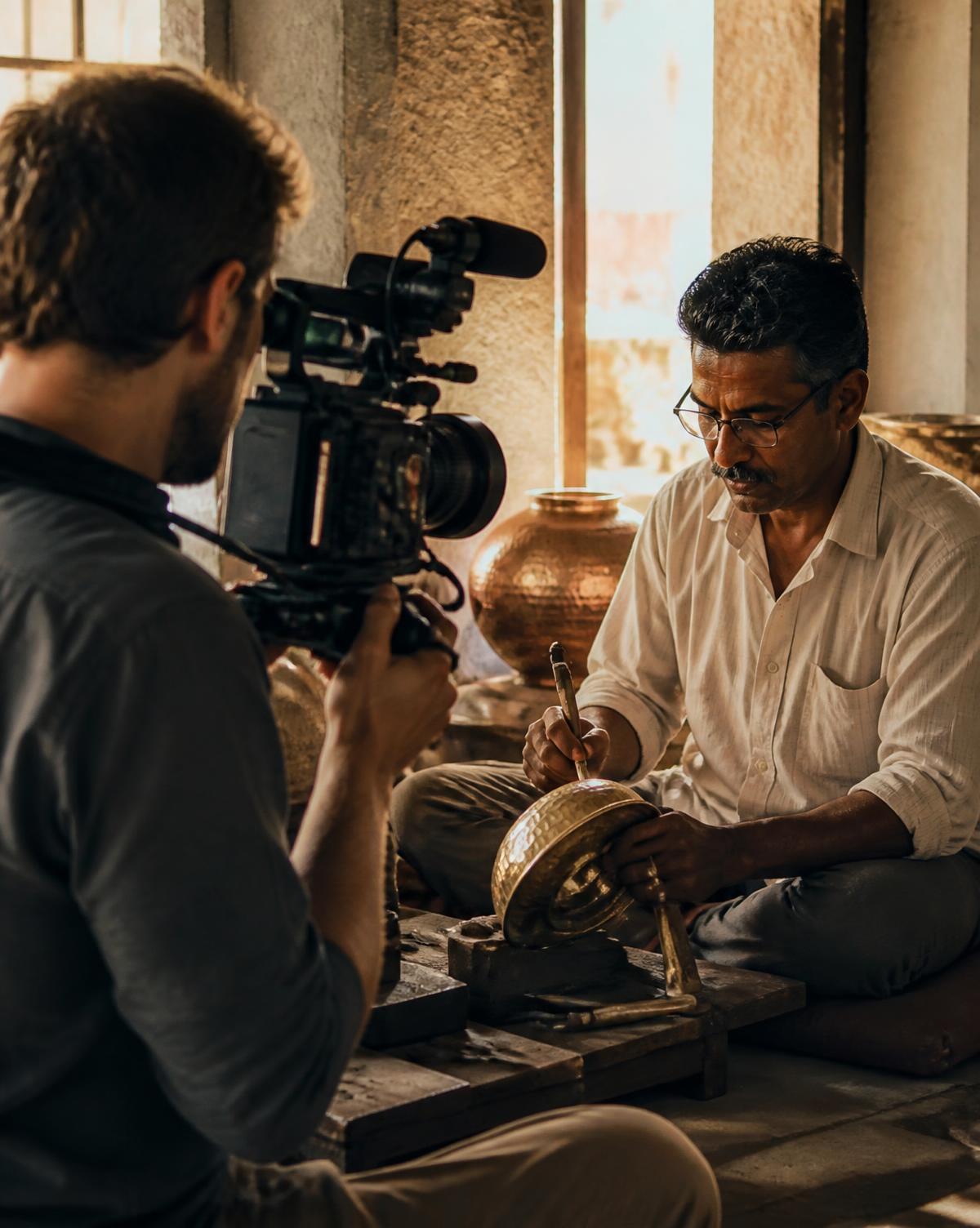A documentary filmmaker with a cinema camera filming a craftsman in his workshop