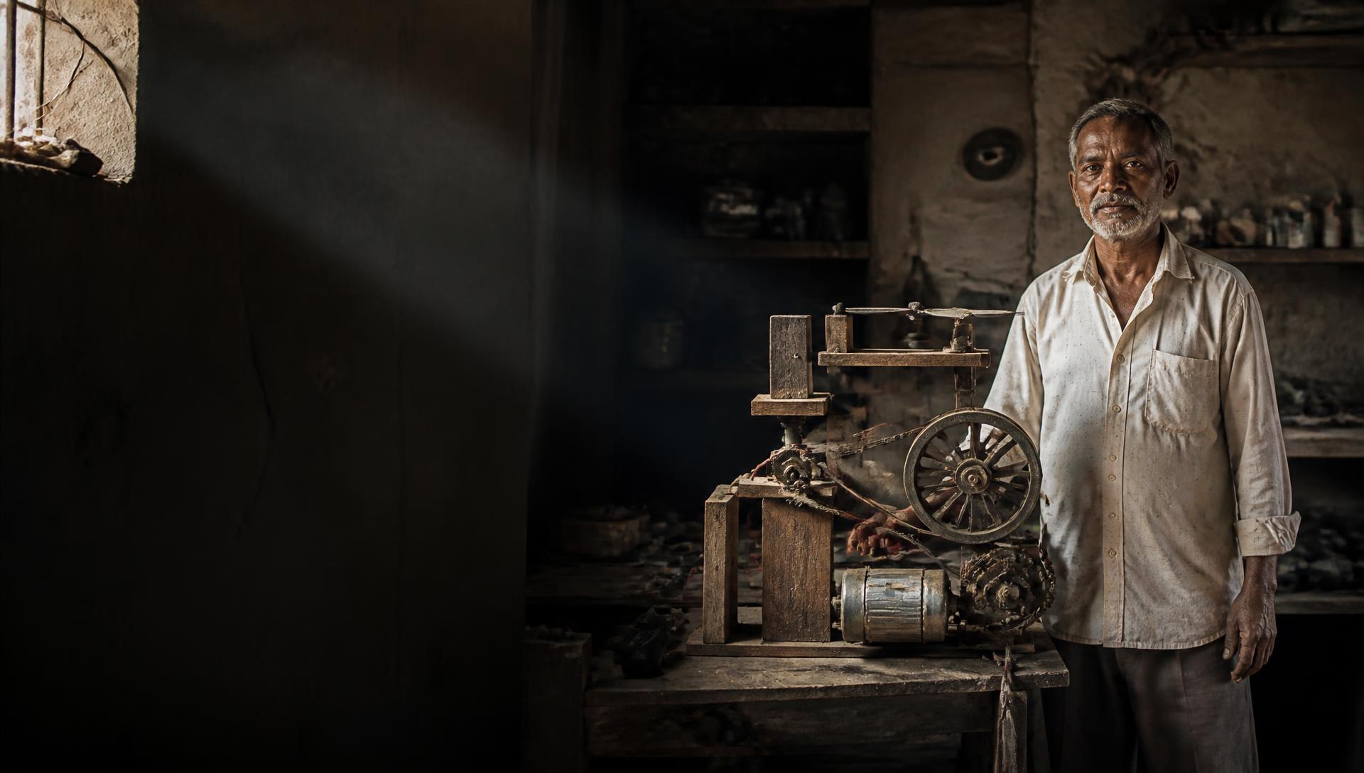 A rural inventor beside a handmade machine in a workshop