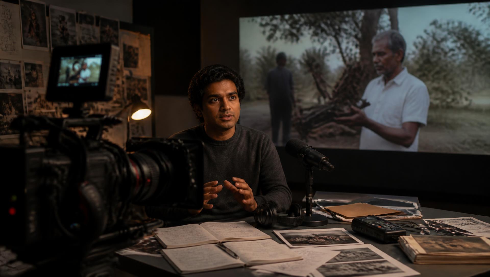A documentary studio with a cinema camera, podcast microphone and a screening of an innovator's story